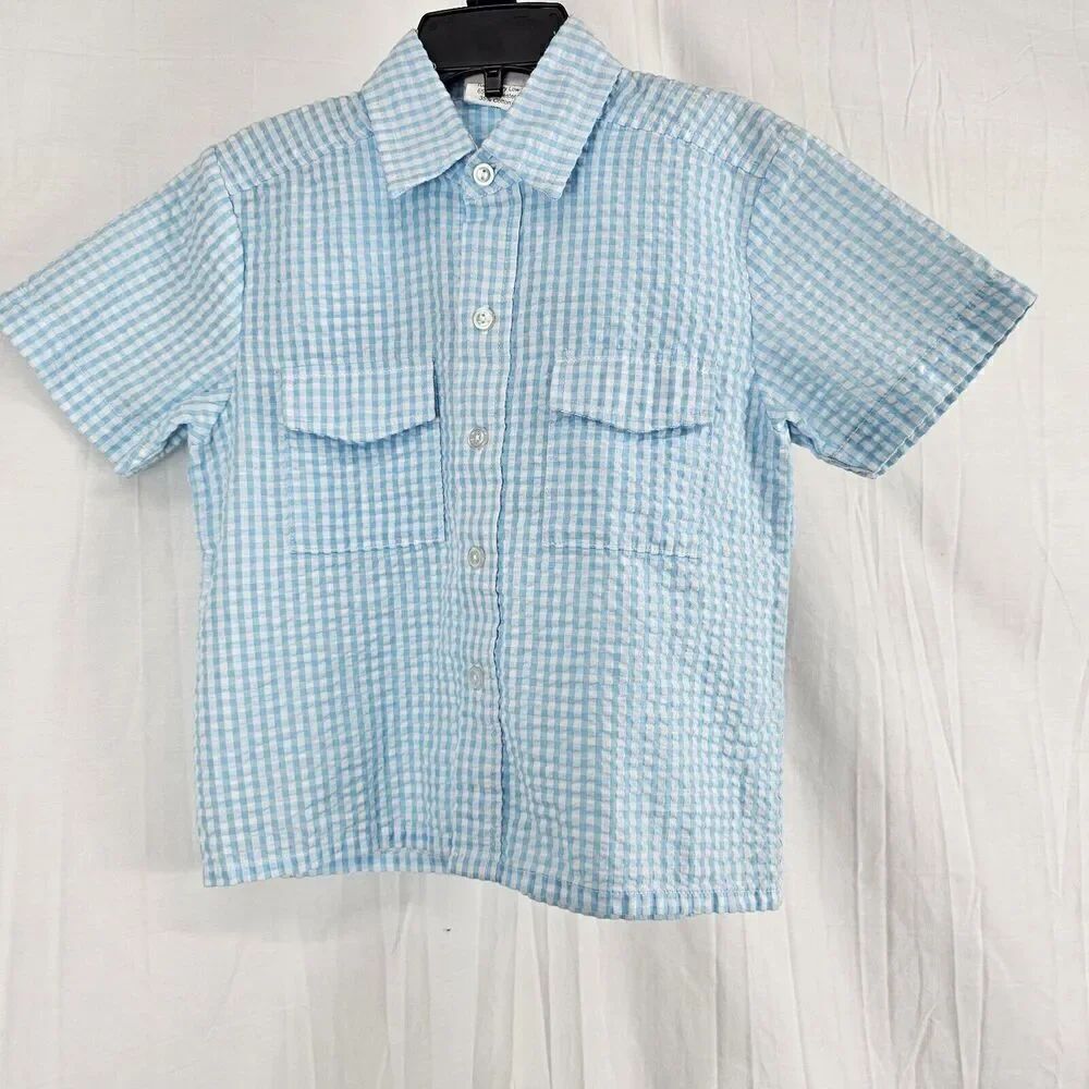 Banana Split Gingham Blue White Vented Button Down Toddler 2T Fish Sword Fish